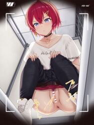 ange_katrina ange_katrina_(5th_costume) anus bar_censor belt black_choker black_pants blue_eyes brown_belt censored choker closed_mouth clothes_pull earrings female hair_between_eyes hair_ornament highres jewelry mobukichi nijisanji panties pants pants_pull panty_pull peeing pubic_hair pussy red_hair red_panties shirt shoes short_hair short_sleeves sneakers solo spread_legs squat_toilet squatting t-shirt toilet toilet_use triangle_earrings triangle_hair_ornament underwear urine virtual_youtuber white_shirt white_shoes