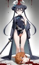 1boy ai-generated andymoe beheading black_hair black_hair_female blood_on_neck blood_splatter blue_archive blue_eyes butterfly_hair_ornament corpse decapitated decapitated_head decapitation double_bun empty_eyes ero_guro female femdom genshin_impact glasses gore guro kisaki_(blue_archive) necrophilia orange_hair pixai pussy reverse_ryona ryona small_breasts snuff tartaglia_(genshin_impact) teenage teenage_girl teenager thighs uncensored vulva