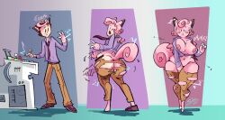 2024 anthro ass barefoot big_breasts bill_(pokemon) blush bottomwear breast_growth breasts butt_expansion clefairy clothing curvy_figure digital_media_(artwork) expansion feet female footwear fur gender_transformation generation_1_pokemon growth hair hi_res human human_to_anthro looking_at_viewer looking_back machine male mammal mtf_transformation navel necktie nintendo nipples pants pink_body pink_fur pink_hair pokemon pokemon_(species) sequence shirt shoes simple_background slightly_chubby solo species_transformation splashpinups standing surprised tail tail_growth topwear torn_clothing transformation voluptuous weight_gain