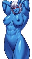 1girls absurd_res areola_slip arms_behind_head bandaged_chest big_breasts blue-skinned_female blue_skin bottomwear_down breasts chest_wraps commission crotch female female_only glowing_eyes hi_res horns looking_at_viewer muscular muscular_female narrowed_eyes obliques oni oni_horns original original_character partially_clothed pointy_ears red_eyes simple_background smiling_at_viewer solo sotcho unusual_skin_color valkaria_(hilos5000) white_background white_hair