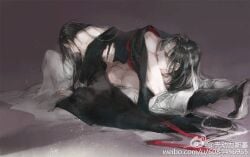 2boys 69 alternate_hairstyle ass bare_shoulders black_boots black_hair black_hanfu boots chinese_clothes closed_eyes clothes_pull faux_traditional_media fellatio grey_pants hair_down hand_on_another's_chest hanfu headband kcllzas163 lan_wangji licking licking_penis light_particles long_hair long_sleeves lying lying_on_person male male_focus modao_zushi multiple_boys off_shoulder on_back open_clothes open_robe oral pants pants_pull partially_undressed penis red_ribbon red_sash ribbon robe robe_partially_removed sash thighs third-party_source topless_male watercolor_effect watermark web_address wei_wuxian weibo_watermark white_hanfu white_headband wide_sleeves yaoi