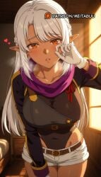 a_rank_party_o_ridatsu_shita_ore_wa_moto_oshiego-tachi_to_meikyuu_shinbu_o_mezasu belt black_leotard blush breasts collarbone covered_navel cowboy_shot dark-skinned_female dark_elf dark_skin earrings elf female gloves heart highleg highleg_leotard i_left_my_a-rank_party_to_help_my_former_students_reach_the_dungeon_depths indoors jewelry large_breasts leotard leotard_under_clothes long_hair long_sleeves looking_at_viewer meitabuu orange_eyes parted_lips pointy_ears purple_scarfsilk_amberwood scarf short_shorts shorts sidelocks solo sweat white_gloves white_hair white_shorts window