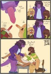 2futas anal anal_sex anthro bklo blinding_bangs chair comparing comparing_penis cumming_while_penetrated deer deer_girl deltarune desk dialogue double_penetration fellatio futadom futanari futasub group group_sex half-dressed humor kris_(deltarune) large_penis lizard nervous noelle_holiday nonbinary on_back precum size_difference small_penis smaller_female sound_effects spitroast submissive susie_(deltarune) sweat text threesome unique_penis
