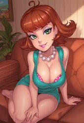 1girls ai_generated anonemus1 dress female female_only fusionfall green_eyes jimmy_neutron_boy_genius judy_neutron mole_under_mouth nickelodeon pearl_necklace pink_nails sitting sitting_on_couch solo solo_female