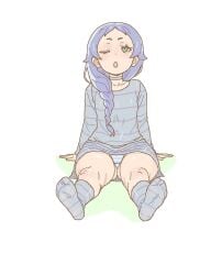 1girls blue_socks braid butt_crack feet feet_focus green_eyes huge_ass knee_socks kneehighs kneesocks legs_apart legs_spread looking_at_viewer meili_portroute one_eye_closed panties pantyshot planktiton re:zero_kara_hajimeru_isekai_seikatsu shortstack sitting socks striped_panties stripes thick_thighs tight_clothing tight_dress