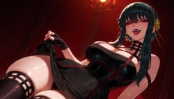 1girl 1girls ai_generated balecxi bangs bare_shoulders black_dress black_gloves black_hair black_legwear black_lipstick black_panties black_thighhighs breasts cleavage clothes_lift clothing curvaceous curvaceous_female curvaceous_figure curvy curvy_figure dress dress_lift earrings female female_focus fingerless_gloves flower gloves gold_earrings gold_hairband goth hair_flower hair_ornament hairband headwear indoors inviting inviting_to_sex jewelry large_breasts legwear lifted_by_self lipstick long_hair looking_at_viewer open_mouth panties presenting presenting_ass presenting_breasts presenting_hindquarters presenting_pussy presenting_self red_eyes red_nails rose seductive seductive_look seductive_smile sidelocks skindentation smile solo spikes spy_x_family teeth thick_thighs thighhighs thighs tongue tongue_out uncensored underwear upper_teeth_only voluptuous voluptuous_female wide_hips yor_briar