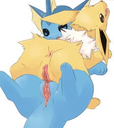 2021 4_fingers 4_toes absurd_res anus black_inner_ear black_nose blue_body blue_eyes blue_nose blue_skin blue_tail blush blush_lines butt digital_drawing_(artwork) digital_media_(artwork) duo ear_frill eeveelution feet female female/female female_feral feral feral_on_feral fingers frill_(anatomy) fur gaping gaping_vagina generation_1_pokemon genitals glistening glistening_butt glistening_eyes hi_res humanoid_genitalia humanoid_genitalia_on_feral humanoid_vulva humanoid_vulva_on_feral jolteon mismatched_genitalia mismatched_humanoid_vulva mismatched_vulva multicolored_body multicolored_fur neck_frill neck_tuft nintendo open_mouth paws pink_anus pointy_ears pokemon pokemon_(species) prick_ears pu_sukebe purple_eyes quadruped sex simple_background tail teeth toes tongue tribadism tuft two_tone_body two_tone_fur vaginal vaporeon vulva white_background white_body white_fur yellow_body yellow_fur