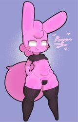 2025 anthro bigtail blue_background breasts clothing crop_top defunctumbra english_text female fishnet_clothing fishnet_legwear fishnet_thigh_highs fishnet_topwear gelbun glistening glistening_body goo_creature hair hand_on_hip heart_symbol hi_res lagomorph legwear looking_at_viewer mammal narrowed_eyes navel nipple_tape no_pupils open_mouth pasties pink_body pink_hair pussy_tape shirt shortstack shortstack_female simple_background small_breasts solo squish tape text thick_thighs thigh_highs thigh_squish topwear under_boob