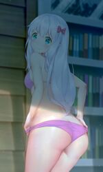 artist_request ass bangs blue_eyes blush bow bra breasts cangkong closed_mouth embarrassed eromanga_sensei eyebrows_visible_through_hair female from_behind hair_ornament hair_ribbon hairbow high_resolution indoors izumi_sagiri kneeling long_hair looking_at_viewer pantsu pink_bow ribbon shadow shiny shiny_hair shiny_skin silver_hair sitting small_breasts underwear underwear_only wariza wavy_mouth