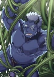 1boy 2022 ao_oni_(character) arms_up asian_mythology balls bara beard_stubble beefy biceps big_glans blue_body blue_eyes blue_penis broken_horn censor_bar censored censored_penis collarbone completely_nude cum cum_drip cum_on_penis cum_splatter cum_string cum_trail dad_bod dadbod dated demon drooling duo east_asian_mythology ejaculation erection forked_eyebrows gay half-closed_eyes hi_res horn hunk japanese_mythology legs_apart looking_at_penis looking_at_viewer male male_only manly mature_male monster muscles muscular muscular_arms muscular_male mythology no_body_hair nude one_eye_closed oni oni_horns orgasm pecs penis pointless_censoring pointy_ears resisting_orgasm restrained restrained_arms restrained_by_tentacles restrained_legs robronx35498_(pixivid=35498) saliva saliva_trail scar scar_across_eye scar_on_face sharp_teeth spiked_armband struggling teeth_showing tentacle_around_arm tentacle_around_leg tentacle_around_penis tentacle_penetration tentacle_sex torn_clothes tough_guy urethral urethral_insertion urethral_penetration veiny_penis vine_bondage vine_in_penis vine_tentacles vines white_hair wide_eyed yaoi