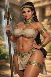 1girls ai_assisted ai_generated arm_accessory armlet aztec bandeau belly_button black_hair black_outline blurry_background bracelet braided_ponytail brown_eyes cel_shading chatgpt circlet confident dark-skinned_female earrings eyelashes face_paint feather_accessory female grok hair_ring hand_on_hip holding_object holding_weapon hoop_earrings hourglass_figure large_breasts loincloth long_hair looking_at_viewer mature_female midriff neck_ring one_hand_on_hip pelvic_line rgomez007 ruins self_upload slight_smile smiling_at_viewer solo_female spear standing temple thick_outline thick_thighs thighlet tribal tribal_clothing tribal_markings underboob voluptuous waist_chain warrior waterfall wide_hips