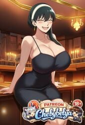1girl absurdres ai_assisted ai_generated anime anime_style attractive beautiful beautiful_eyes beautiful_lighting black_dress black_hair blush breasts chebybelya cinematic_lighting closed_eyes curvy cute deep_skin detailed detailed_face detailed_skin digital_art dress earrings hairband high_quality high_resolution highres huge_breasts indoors jewelry open_mouth patreon patreon_username perfect_body sexy sharp_focus signature sitting slim_waist smile soft_lighting soft_shading solo spy_x_family stylized thick_thighs toned very_aesthetic vibrant_colors watermark wide_hips yor_briar