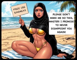 ai_generated artist:cswiz holding_object holding_sign speech_bubble english_text beach beach_towel sitting ocean palm_tree hijab bikini string_bikini arabian arabian_female muslim muslim_female muslim_slave tears crying crying_with_eyes_open free_use tagme