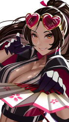 absurdres big_breasts black_gloves blush breasts brown_eyes brown_hair cherry_blossom_print cleavage collarbone commentary crop_top english_commentary eyewear_on_head fan fatal_fury fatal_fury:_city_of_the_wolves floral_print folding_fan gloves hand_fan heart heart-shaped_eyewear high_ponytail highres holding holding_fan jacket large_breasts leather leather_jacket long_sleeves looking_at_viewer mai_shiranui mai_shiranui_(city_of_the_wolves) pointing pointing_at_viewer ponytail smile snk zer0z_vi zipper