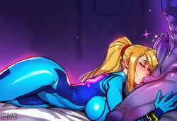 1girl 1girls ai_assisted ai_generated alien alien_humanoid bodysuit groping interspecies large_breasts metroid nay_juno samus_aran