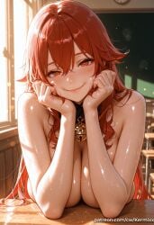 mavuika_(genshin_impact) genshin_impact ai_generated kermixx 1girl solo long_hair breasts looking_at_viewer blush smile bangs large_breasts red_eyes cleavage hair_between_eyes bare_shoulders closed_mouth upper_body nude red_hair shiny indoors wet shiny_skin window bell sunlight light_particles desk head_rest crossed_bangs classroom hands_on_own_face