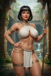1girls 3d ai_generated architecture arm_accessory armlet armpit_crease aztec black_hair bob_cut bracelet caramel-skinned_female circlet criss-cross_halter earrings eyelashes female gemini hand_on_hip holding_spear holding_weapon hoop_earrings jungle_girl large_breasts lipstick loincloth looking_at_viewer narrow_waist necklace no_panties one_hand_on_hip pillar realistic rgomez007 ruins seductive_look self_upload short_hair slight_smile smiling_at_viewer solo_female spear standing temple temple_background thick_thighs thighlet tribal underboob waist_chain waterfall wide_hips