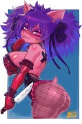 holding_knife holding_weapon anthro anthro_female anthro_solo heart-shaped_pupils shiny_clothes shiny_skin shiny female female_only female_focus fishnets butt sideboob looking_at_viewer looking_sideways bat bandage collar collared leopard_print ruffles big_breasts big_ass small_tail tail gloves gloves_on ribbons ribbons_in_hair fluffy_hair bandage_on_face fang fang_out kitchen_knife dclzexon simple_background smug smug_face smug_smile smug_expression holding_chin furry furry_only furry_female 1girls original_character oc bea_the_bat_(dclzexon) breasts 2026 tagme thighs shiny_lips