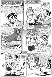 anthro areola balls big_breasts big_penis black_and_white black_hair bovine breasts closed_eyes clothed clothing comic english_text female hair half-closed_eyes karno licking male mammal monochrome nipples nude open_mouth oral paizuri penis sex speech_bubble straight teeth text thought_bubble tongue tongue_out undressing