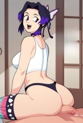 1boy 1girl ass black_choker black_hair black_panties breasts butterfly_hair_ornament buttjob choker clothed_female_nude_male crop_top cum demon_slayer from_behind girl_on_top gradient_hair hair_intakes hair_ornament hetero indoors kimetsu_no_yaiba kochou_shinobu large_breasts looking_back medium_breasts multicolored_hair nude open_mouth panties penis purple_eyes purple_hair reverse_cowgirl_position short_hair sidelocks sitting sitting_on_person smile solo_focus sports_bra straddling suoiresnu tank_top teeth thighhighs thong two-tone_hair uncensored underwear white_sports_bra white_tank_top