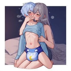 diaper mommy mommy_kink abdl diaper_fetish ai_generated silver_hair kissing 1girls 1boy 1girl straight long_hair short_hair