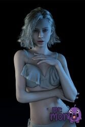 1girl ai_generated artist_name bikini black_background blonde_hair blue_eyes breasts capcom clothing dark_background female freckles frilled_bikini grace_ashcroft grey_hair lenmmon lips looking_at_viewer mole mole_on_stomach mr_momo navel open_mouth resident_evil resident_evil_9:_requiem short_hair side-tie_bikini_bottom simple_background solo swimsuit white_bikini
