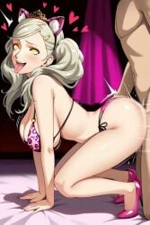 1boy 1girls ahe_gao ahegao_face ai_generated ann_takamaki big_breasts bikini blonde_hair breasts cat_ears choker cognitive_ann cyan_eyes doggy_style female giving_in_to_pleasure high_heels leopard_print male muscular muscular_male necklace omega_weirdo patreon persona persona_5 pleasure_face sex taken_from_behind tiara twintails