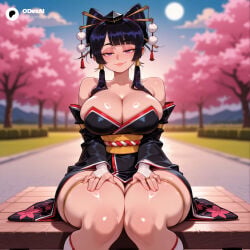 cartoony cartoon big_ass big_breasts large_breasts large_ass 1girls 1girl straight female solo_focus female_focus blurry_background blurred_background depth_of_field breasts ass thin_waist small_waist ai_generated artist:odexai thick_thighs wide_hips absurd_res absurdres hi_res highres high_resolution high_quality nyotengu dead_or_alive black_hair cleavage purple_eyes bare_shoulders thighs blunt_bangs hair_tubes japanese_clothes bridal_gauntlets hat hair_ornament kimono tokin_hat detached_sleeves socks sash thigh_strap hair_stick sitting looking_at_viewer outdoors cherry_blossoms mole solo tree blurry moon smile mole_under_mouth sky skindentation bench white_socks