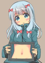 belly blue_eyes bow eromanga_sensei female female green_jacket hair_ornament hairbow high_resolution holding izumi_sagiri long_hair looking_at_viewer mtdyk silver_hair simple_background solo tablet