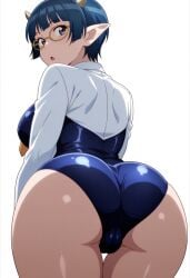 1girls ai_generated ass ass_focus assistant big_ass big_breasts blue_eyes blue_hair blunt_bangs blush breasts bubble_ass bubble_butt clothing collared_shirt crop_top dat_ass demon demon_girl demon_horns embarrassed eyewear female female_only glasses hi_res horns huge_ass light-skinned_female light_skin living_room long_sleeves lv1_maou_to_one_room_yuusha one-piece_swimsuit petite pinup plain_background pointy_ears presenting presenting_ass presenting_hindquarters rear_view revealing_clothes shirt short_hair simple_background skimpy skimpy_clothes solo standing surprised surprised_expression swimsuit thick_ass thick_thighs thighs uncensored viewed_from_below voluptuous wedgie white_background white_skin yellow-framed_eyewear zenia_(lv1_maou_to_one_room_yuusha)