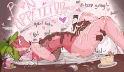 2boys ambiguous_genitalia chocolate cosmo_(dandy's_world) dandy's_world dandys_world food food_fetish frosting gay laying_on_back male male_only moan moaning platter roblox sighgoons sprout_(dandy's_world) table_sex thick_thighs tied_arms