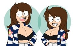 1girls accurate_art_style artist_self-insert black_bra black_eyes bra brown_hair clarissa_macias cleavage closed_mouth eddsworld female female_only flower_print hand_on_own_hip huge_breasts jacket long_hair midriff open_mouth original self-insert shorts smile solo solo_female striped_jacket style_parody suggestive teeth white_background white_shorts yunoclarissa