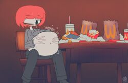 1girls belly_expansion big_belly black_pants cadester2 expansion food grabbing_own_belly grey_sweater light-skinned_female mcdonald's milf mom_(japanese_mcdonald's_commercial) orange_hair stuffed stuffed_belly tagme wcdonald's yoru_mac