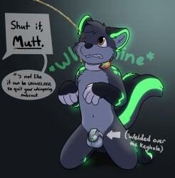 2025 4_fingers anthro balls biped black_nose bodily_fluids canid canine canis chastity_cage chastity_device collar dialogue digital_media_(artwork) english_text fingers fur genital_fluids genitals glowing glowing_body glowing_fur gradient_background green_body green_fur grey_balls grey_body grey_fur hi_res humiliation kneeling male mammal nude offscreen_character oliverwolf oliverwolf_(character) one_eye_closed peeing peeing_on_another permanent permanent_chastity_cage permanent_chastity_device simple_background speech_bubble submissive submissive_male text toony urine urine_on_face watersports whining wolf