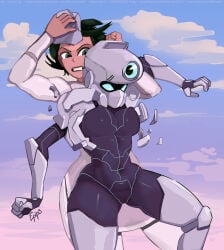 2girls anissa armor armored_female black_hair bodysuit breasts canonical_scene clothed clothing duo female female/female female_only femdom hair helmet invincible invincible_(tv_series) mask masked_female medium_breasts mommy_dom muscular muscular_female nipple_bulge nipples older_female_and_younger_female open_mouth puzanchikmax questionable_consent short_hair tech_jacket tech_jacket_(zoe_thompson) thick_thighs tight_clothing viltrumite wide_hips