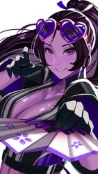 absurdres alternate_color big_breasts black_gloves blush breasts brown_eyes brown_hair cherry_blossom_print cleavage collarbone commentary crop_top english_commentary eyewear_on_head fan fatal_fury fatal_fury:_city_of_the_wolves floral_print folding_fan gloves hand_fan heart heart-shaped_eyewear high_ponytail highres holding holding_fan jacket large_breasts leather leather_jacket long_sleeves looking_at_viewer mai_shiranui mai_shiranui_(city_of_the_wolves) pointing pointing_at_viewer ponytail smile snk zer0z_vi zipper