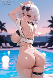 vantawaifu ai_generated sirius_(azur_lane) sirius_(scorching-hot_seirios)_(azur_lane) azur_lane 1girl bikini clothing female eyewear_on_head red_eyes ass breasts eyewear heart-shaped_eyewear looking_at_viewer white_hair black_bikini bottomless pool sunglasses clothes_lift solo wet short_hair wrist_scrunchie swimsuit back outdoors arms_up official_alternate_costume from_behind large_breasts looking_back nipples thigh_strap thighs scrunchie smile white_scrunchie poolside artist_name see-through water short_twintails blurry_background bare_shoulders closed_mouth shiny_skin blush hair_between_eyes bikini_top_only patreon_username bikini_top_lift huge_ass twintails chair dimples_of_venus lounge_chair shirt_lift off_shoulder sky o-ring_top standing breasts_out pink-framed_eyewear sunset puffy_nipples gradient_sky thick_thighs wide_hips see-through_shirt tied_shirt wet_clothes o-ring lips wading shoulder_blades skindentation wet_shirt palm_tree string_bikini choker low_twintails median_furrow