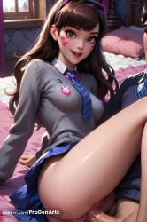 1boy hetero necktie penis striped_necktie sex breasts nose skirt brown_hair brown_eyes medium_breasts patreon_username web_address clothed_sex long_hair facial_mark pussy solo_focus school_uniform window indoors sweater whisker_markings bed facepaint looking_at_viewer pussy_juice open_mouth uncensored male_pubic_hair pleated_skirt blue_necktie arm_support pillow watermark lips blue_skirt shirt collared_shirt vaginal teeth smile patreon_logo artist_name erection on_bed long_sleeves ass animal_print miniskirt pubic_hair anal upper_teeth_only curtains leg_up d.va_(overwatch) progenarts hi_res ai_generated d.va overwatch_2 d.va_(overwatch_2) overwatch blizzard_entertainment 1girls female 1boy1girl vaginal_sex vaginal_penetration anal_sex anal_penetration