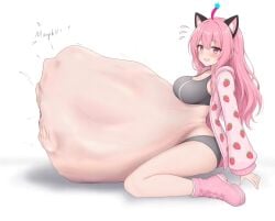ai_assisted bra ichinyan_(character) jacket muffled_scream panties stomach_bulge stomach_deformation underwear unwilling_prey vore vore_belly worried worried_expression