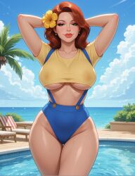 1girls ai_assisted ai_generated arms_behind_head clouds eyelashes eyeshadow female flower_in_hair gemini ginger_hair green_eyes hair_over_shoulder hourglass_figure large_breasts light-skinned_female lipstick long_hair looking_at_viewer loose_hair lounge_chair midriff narrow_waist nipples_visible_through_clothing ocean ocean_background overall_shorts overalls palm_leaf pelvic_line poolside rgomez007 seductive_look self_upload short_sleeves sky smiling_at_viewer solo_female stable_diffusion standing swimming_pool thick_lips thick_thighs underboob warm_lighting wide_hips