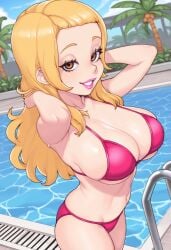 1girls aged_up ai_generated anonemus1 big_breasts big_mouth_(series) big_mouth_(tv_series) big_mouth_(universe) bikini blonde_hair brown_eyes female fusionfall lola_skumpy long_hair pink_lipstick pool solo