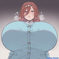 ai_generated stable_diffusion comfyui highres absurd_res absurdres xenomon 1girls 1girl solo solo_focus solo_female female female_only female_focus mature_female milf lips gigantic_breasts huge_breasts massive_breasts alternate_breast_size breasts_bigger_than_head breasts_bigger_than_torso top_heavy top_heavy_breasts breasts large_breasts big_breasts blue_cardigan dress_shirt buttons steam heavy_breathing heart motion_lines from_below looking_at_viewer looking_down simple_background gradient_background miku_nakano nakano_miku go-toubun_no_hanayome anime taut_clothes tight_clothing blush plump plump_breasts breasts_focus pursed_lips long_hair blue_eyes hair_between_eyes