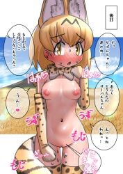 1girl absurdres animal_ear_fluff animal_ears blonde_hair blush border bow bowtie breasts cat_ears cat_girl cat_tail censored commentary_request cowboy_shot day def_atsu elbow_gloves embarrassed extra_ears female female_only field gloves hand_up highres kemono_friends looking_at_viewer mosaic_censoring nipples nude outdoors outside_border pussy pussy_juice savannah serval_(kemono_friends) short_hair sky solo sound_effects speech_bubble standing sunlight sweat tail thighhighs translation_request variant_set white_border yellow_eyes