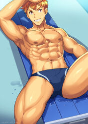 1boy 2022 abs beefy bench biceps bulge bulge_through_clothing collarbone dated eight_pack gay genital_outline grin hi_res high-angle_view inviting legs_up looking_at_viewer lying lying_on_back lying_on_bench male male_only manly mature_male muscles muscular muscular_arms muscular_male muscular_neck muscular_thighs navel no_body_hair orange_hair original original_character pecs poolside quadriceps red_eyes robronx35498_(pixivid=35498) seductive short_hair six_pack solo spread_legs swim_briefs swimsuit topless water water_puddle wet wet_body yaoi