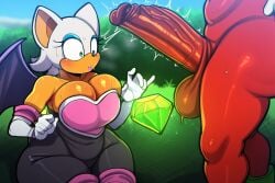 1boy 1girls ai_generated anthro bare_shoulders bat bat_wings big_ass big_breasts big_cock big_dick chaos_emerald curvaceous curvy curvy_figure echidna erection female furry gloves hourglass_figure knuckles_the_echidna large_ass large_breasts large_penis light-skinned_female light_skin looking_at_penis madroshi male male/female master_emerald mobian mobian_(species) mobian_bat mobian_echidna muscles muscular muscular_anthro muscular_male naked_male penis precum precum_drip red_body red_fur red_hair rouge_the_bat sega sex smirk smirking smug_face sonic_(series) sonic_the_hedgehog_(series) surprised surprised_expression sweat sweatdrop sweating thick_thighs thighs tight_clothing veiny_penis white_fur white_hair wide_hips