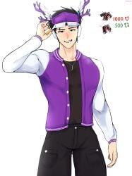 1boy antlers black_eyes black_hair black_pants black_shirt blush blushing cell112767 clothed headphones letterman_jacket male male_only nexophyte purple_jacket roblox roblox_avatar robloxian solo_focus solo_male strip_challenge sweat sweatdrop valkyrie white_glasses yaoi