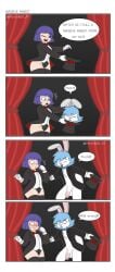 absurd_res anthro big_penis black_tie_(suit) blue_hair blush blush_lines bow_ribbon bow_tie clothing comic duo ears_down female genitals gloves hair handwear hat headgear headwear hi_res huge_penis human lagomorph leporid magician male male/female mammal pencil_bolt penis pivoted_ears rabbit red_bow_tie suit white_clothing white_gloves white_handwear