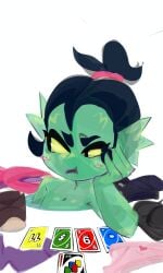 black_hair brawl_stars brawlstarsnsfwt brushing card card_game challenge clothes_on_floor clothes_removed exibitionism green_skin humilated looking_away loose panties pigtail strip striped_panties stripes uno willow_(brawl_stars)