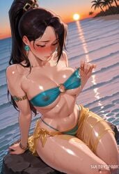 sultryspark ai_generated patreon patreon_username artist_name futarush sage_(valorant) valorant riot_games 1girl breasts jewelry sarong solo swimsuit bikini earrings o-ring navel large_breasts blush wet sunset o-ring_top o-ring_bikini sitting long_hair see-through ponytail black_hair bare_shoulders thighs stomach nipples armlet covered_nipples water outdoors bracelet palm_tree strapless_bikini collarbone brown_eyes brown_hair