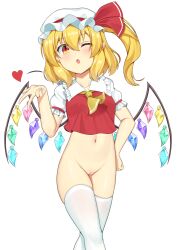 1girls akasaka_sato ascot blonde_hair blowing_kiss blush bottomless censored cleft_of_venus collared_shirt commentary_request crystal crystal_wings flandre_scarlet frilled_shirt_collar frills hat heart highres medium_hair mob_cap mosaic_censoring multicolored_wings navel one_eye_closed one_side_up open_mouth paid_reward_available pointy_ears puffy_short_sleeves puffy_sleeves pussy red_eyes red_vest shirt short_sleeves solo thighhighs touhou vest white_hat white_shirt white_thighhighs wings yellow_ascot
